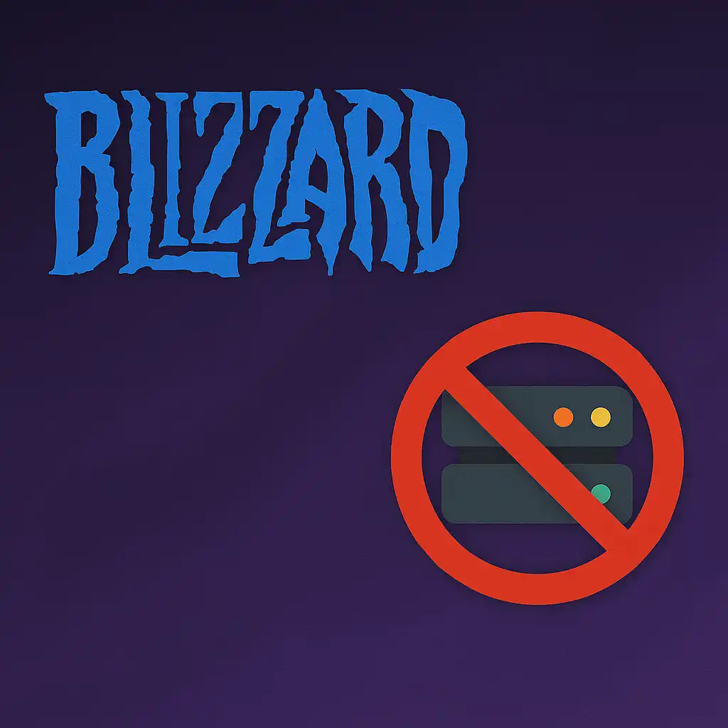 Blizzard logo and blocked private server icons on a dark background